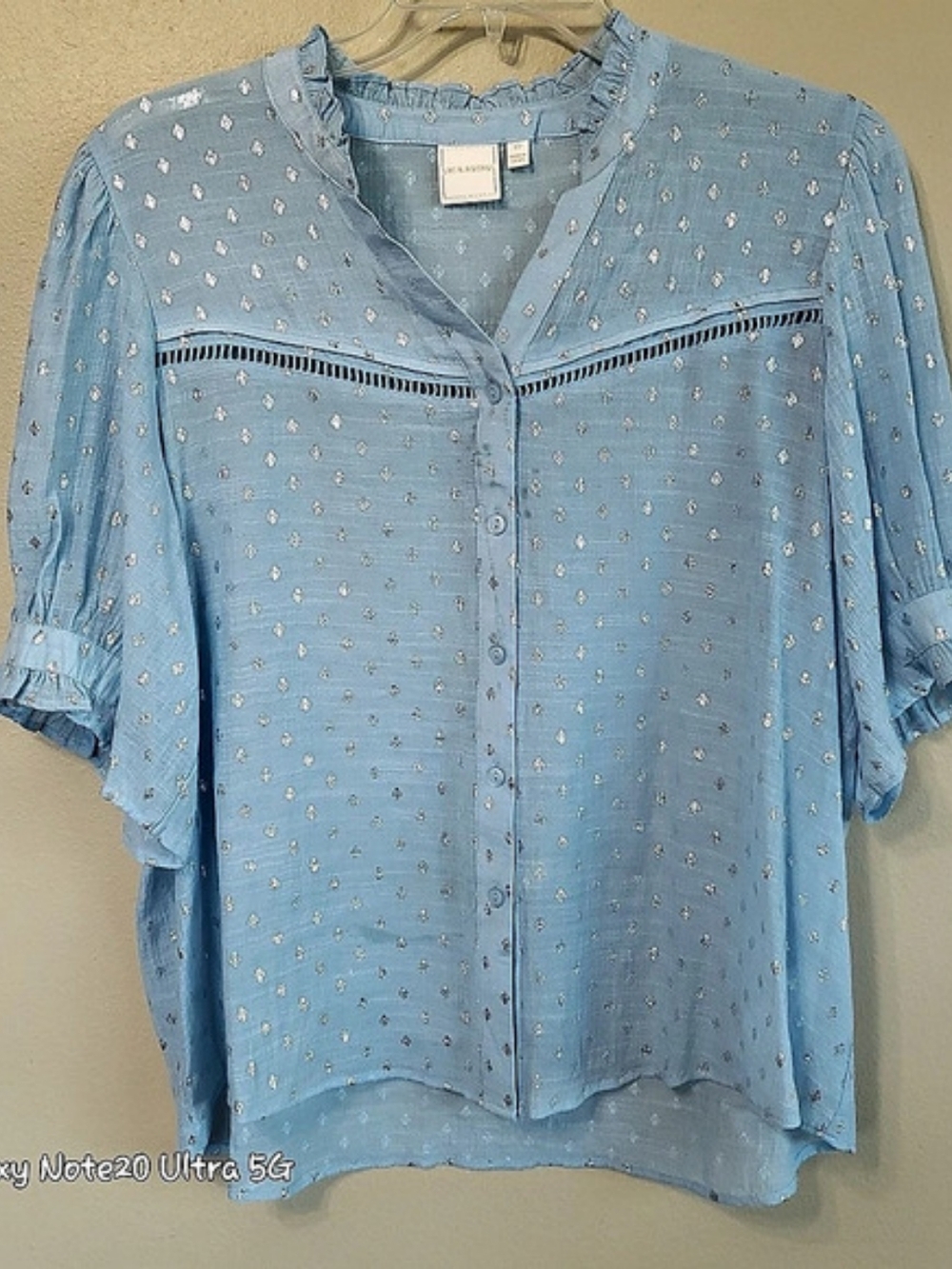 Zac & Rachel Blue Silver Metallic Dot Ruffle Blouse Top Lace Yoke NWOT 1X